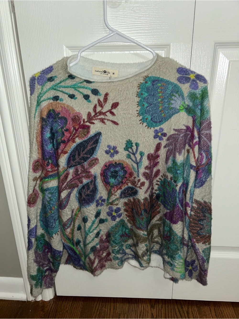 NATURAL LIFE Cream Floral Crewneck Sweater with Teal, Purple & Burgundy Accents